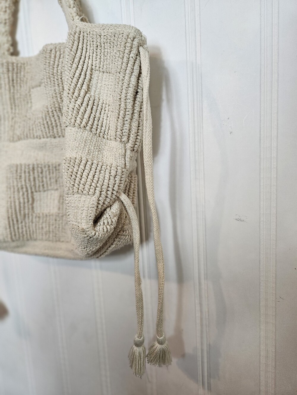 Lovestitch Tote OS Chunky Crochet Bubble Knit Tassel Beach Boho Cream Bag - Picture 6 of 15